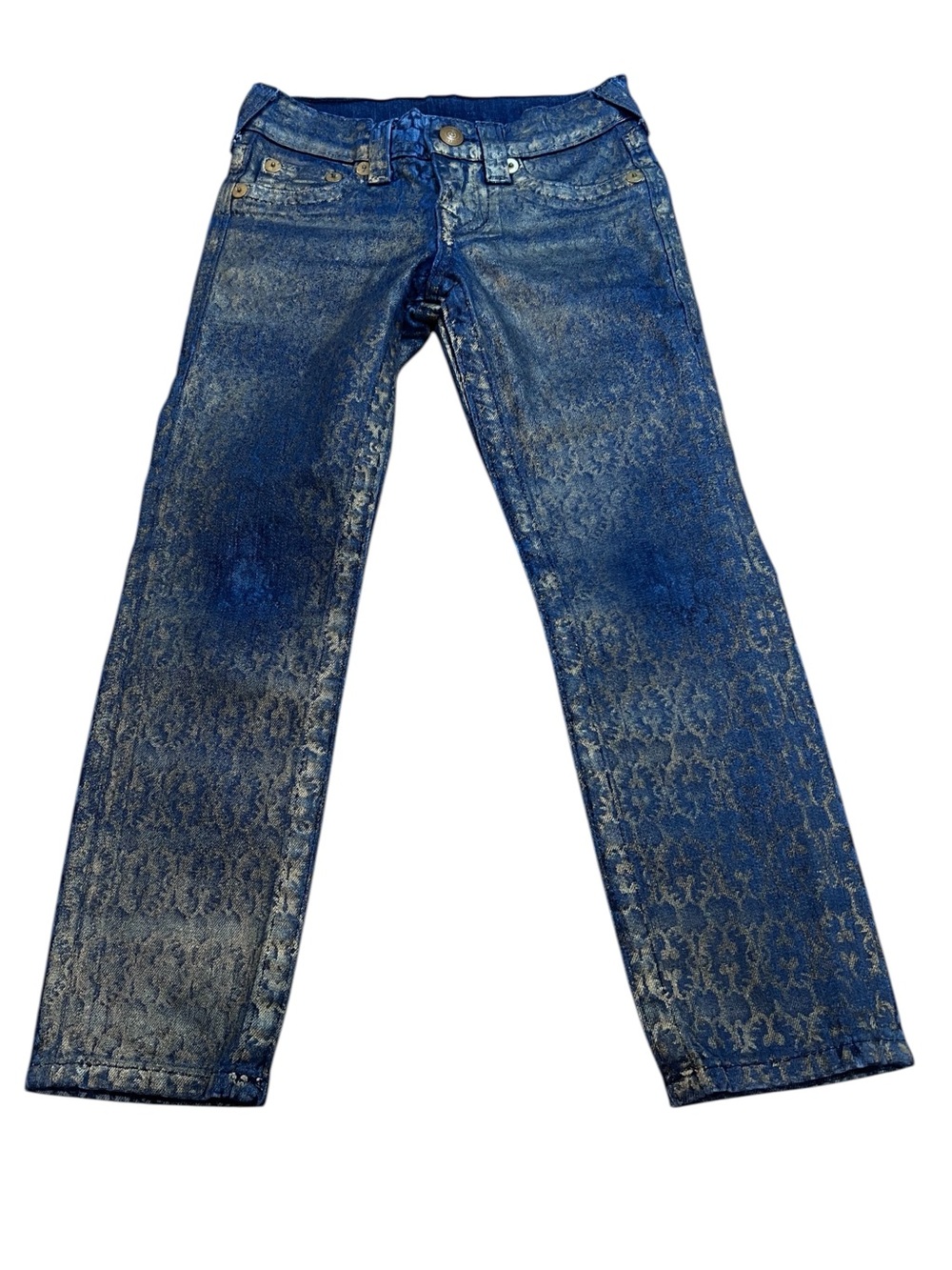 True Religion Girls Gold Metallic Damask Print Skinny Jeans Size 6 Floral Luxury